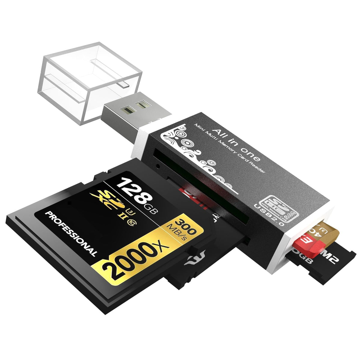 TERRIFI Micro SD Card Reader USB 2.0, 4 Slot 4-in-1 USB Adapter for MS Duo/Pro, M2, SDXC, SDHC, MMC, RS-MMC, Micro SDXC, Micro SDHC and TF Card, 480Mbps, Compatible WIN XP 7 8 10 11, Mac, Linux, Vista