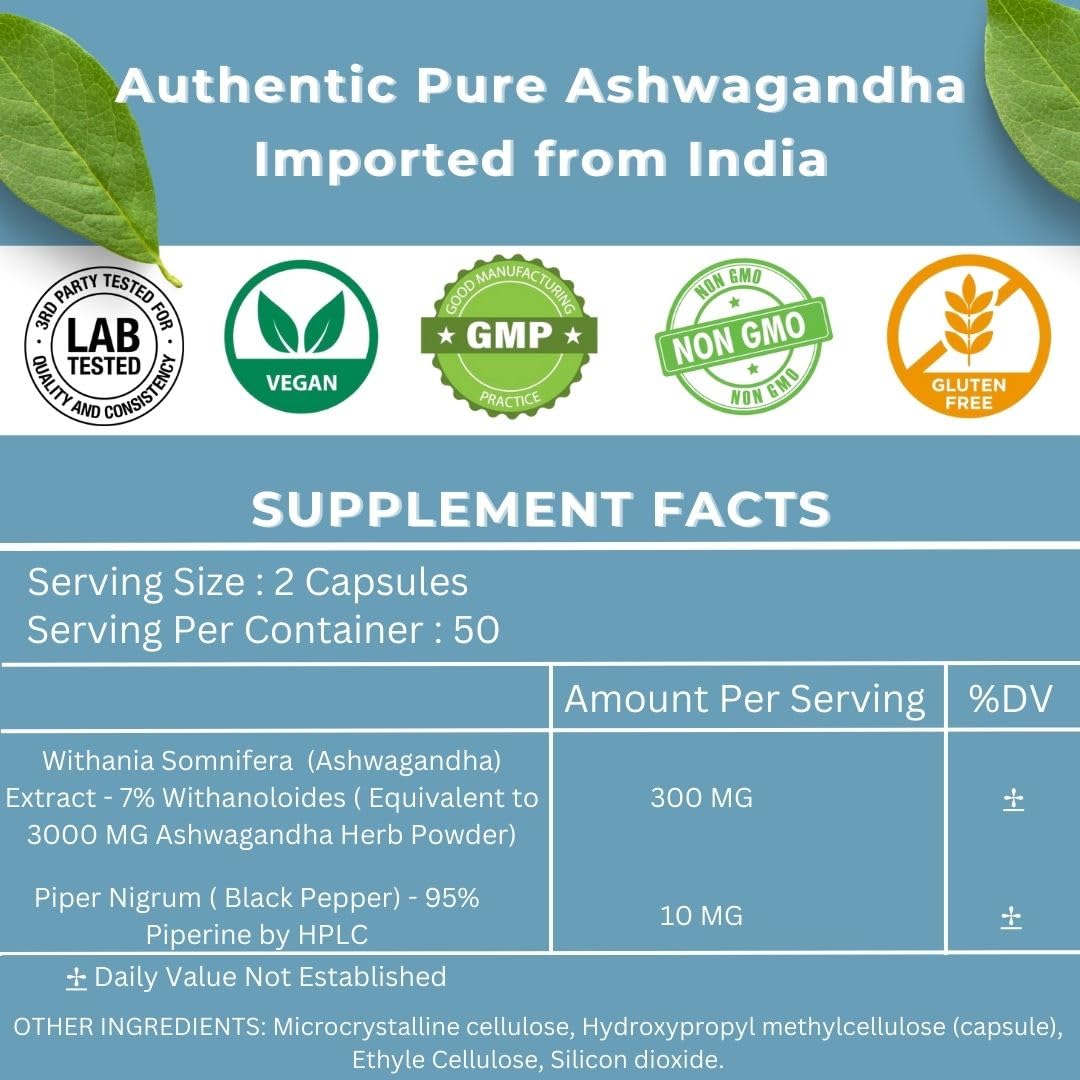 Sacred Nutrient Ashwagandha Organic Extra Strength Supplement with Black Pepper for Stress & Mood Support, Energy 300mg Extract (Equivalent 3000mg Herb), 100 Capsules - Medaid International