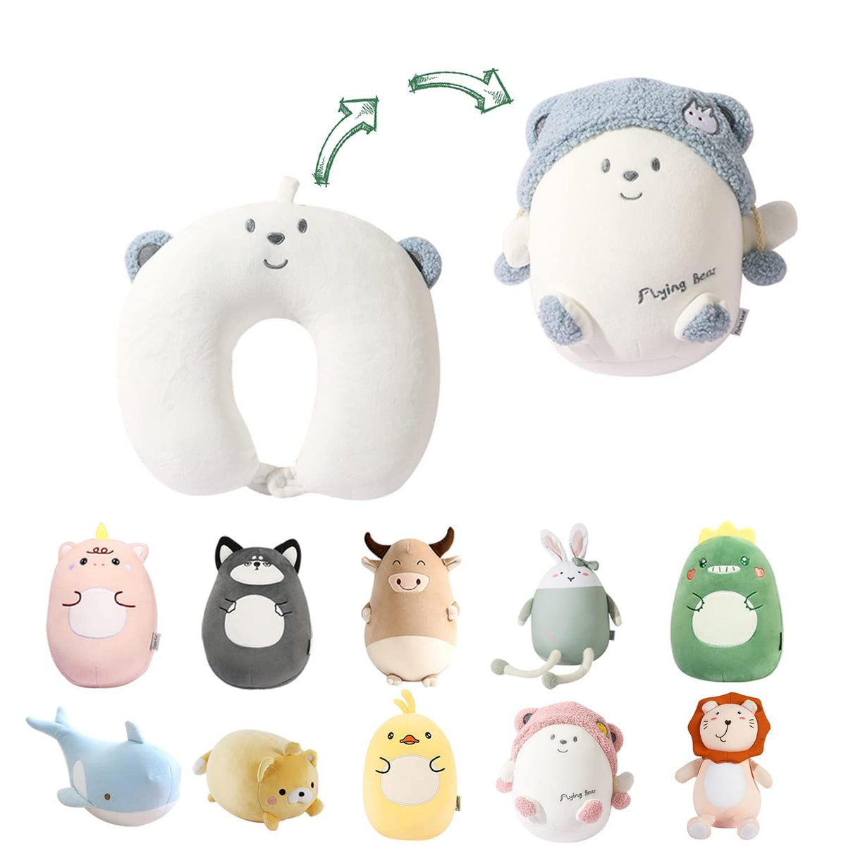 KASTWAVE Kids Travel Pillow - 2-in-1 Travel Pillow for Kids - Soft and Adorable Animals Reversible into a U-Shaped Neck Pillow for Airplane, Car, Train, or Bus