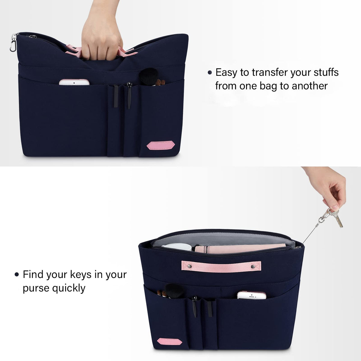 TERRIFI Purse Organizer Insert for Handbags,Tote Bag Organizer Insert Zipper Bag for Women, Handbag Organizer Inside Liner with 15 Pockets(Blue, M)