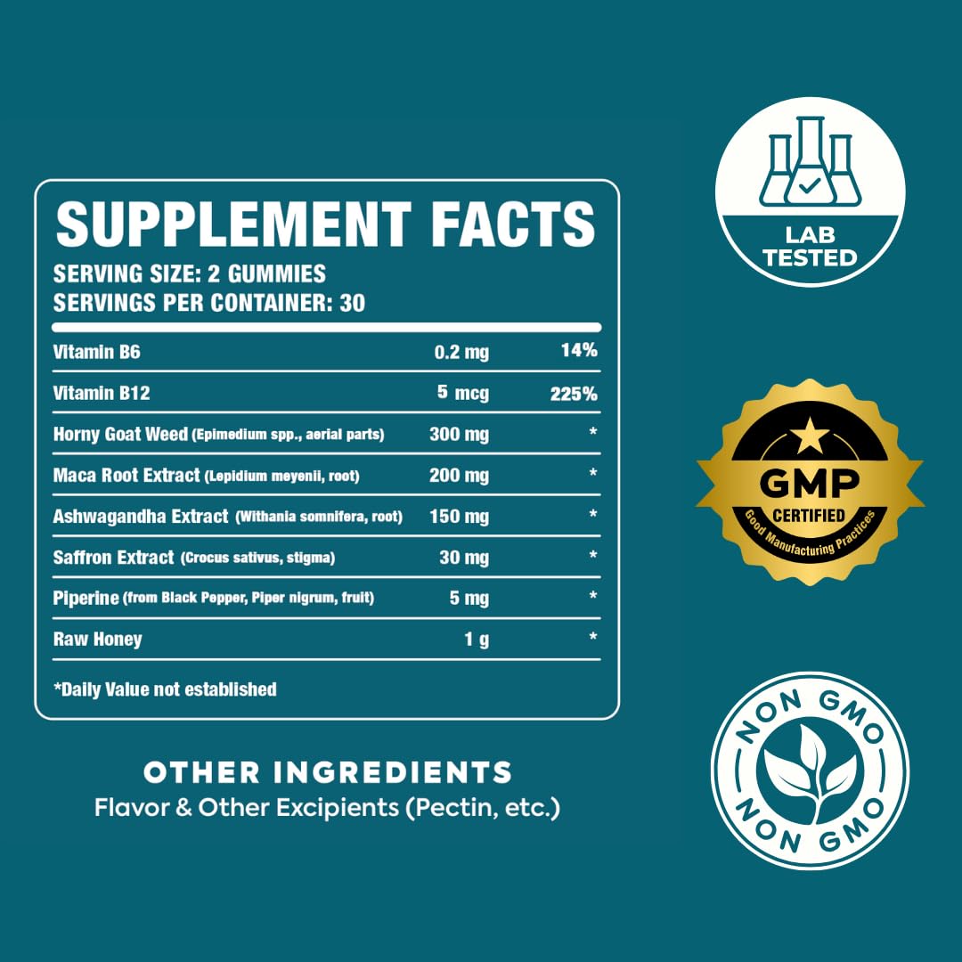 Libido Booster for Women | Fireflower Glow Mood and Libido Gummies | HornyGoatWeed Women, Maca Root, Ashwagandha,Organic Saffron Extract, Piperine, Vitamin B6, Vitamin B12 and Honey Supplement - Medaid International