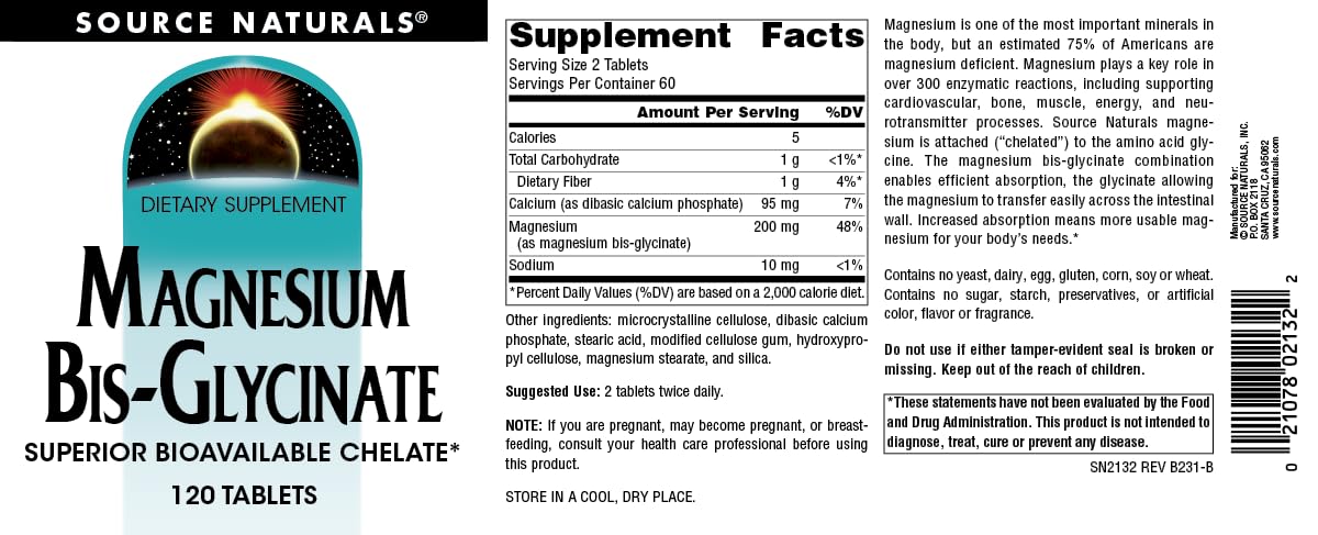 Source Naturals Magnesium Bis-Glycinate, Superior Bioavailable Chelate*, Chelated for Increased Absorption, 200 mg per Serving - 120 Tablets - Medaid International