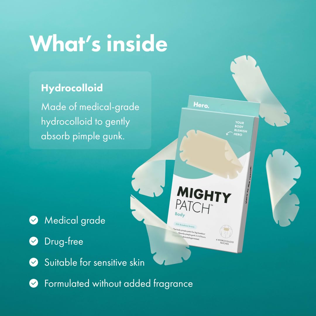 Mighty Patch Hero Cosmetics Body Patch– The XXL Hydrocolloid Patch for Bacne, Chestne, and Other Body Breakouts. Derm-Tested. Medical-Grade Hydrocolloid. Absorbs Pimple Gunk in 6-8 Hours. 4ct - Medaid International