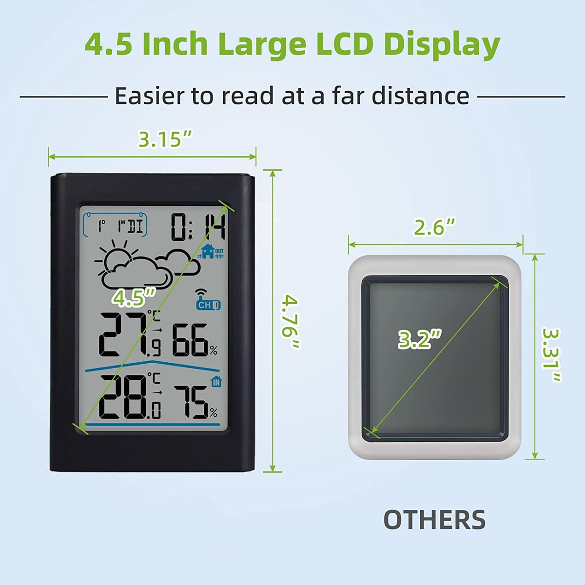 KASTWAVE Wireless Indoor Outdoor Thermometer, Wireless Digital Hygrometer, Temperature Gauge with Time and Humidity, Outside Thermometer Gauge for Patio