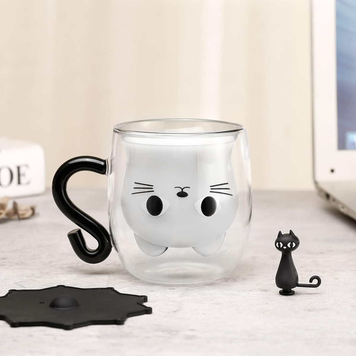 KASTWAVE Black Cat Mug Cute Mug with Handle Double Walled Coffee Mug Kawaii Cat Presents for Women Glass Mugs Tea Cup Cute Birthday Gifts Mug for Cat Lovers Birthday Present Idea