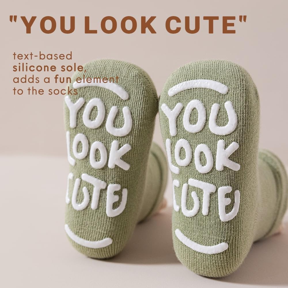 Baby & Toddler Non-Slip Crew Socks with Grippers, KASTWAVE Soft and Comfortable Socks for Infants, Toddlers, and Kids, Ideal for Everyday Wear and Safety
