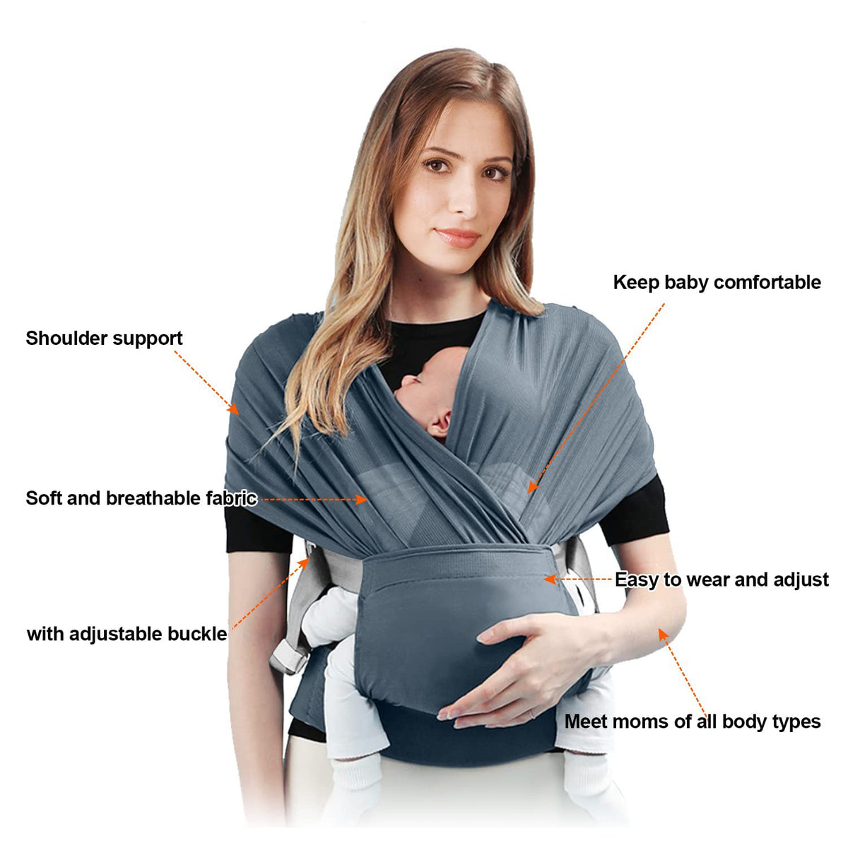 KASTWAVE Adjustable Baby Wrap Carrier Sling for Newborns to Toddlers, Stretchy Infant Carrier up to 35 lbs, Ideal for Comfort & Support (New Gray)