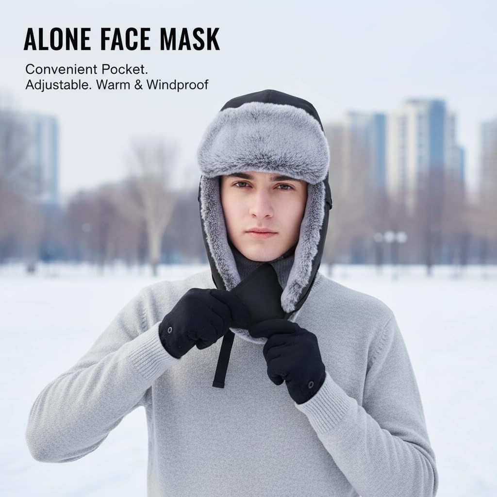 Winter Trapper Hat with Ear Flap Chin Strap and Removable Windproof Mask, KASTWAVE Unisex Warm Faux Fur Hunting Outdoor Hat