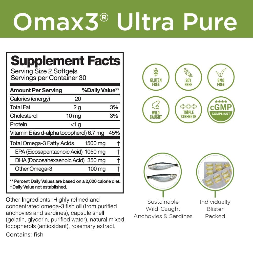 Omax3 Natural Omega 3 Fish Oil Pills 1500 MG EPA DHA - Omega3 Fatty Acid Supplements Muscle & Joint- Gluten Free, Wild Caught, Non GMO, 30-Day Supply Blister Packed (1 Box) - Medaid International