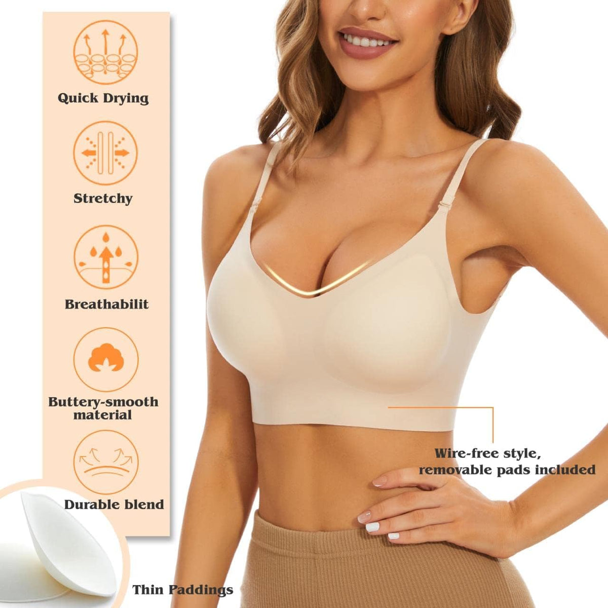 TERRIFI 1Pcs Low Back Bra for Women, Wirefree Seamless Backless Multiway Straps Convertible Halter Bra with Removable Pads, Skin Color Size M
