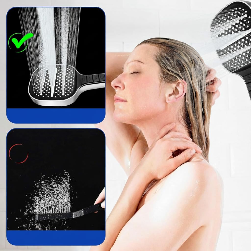 KASTWAVE Shower Head, High Pressure Shower Heads with 8 Spray Modes, Universal Water Saving Large Handheld Powerful Square Shower Head, Single Hand Adjustable (Without Hose Set 1.5m)