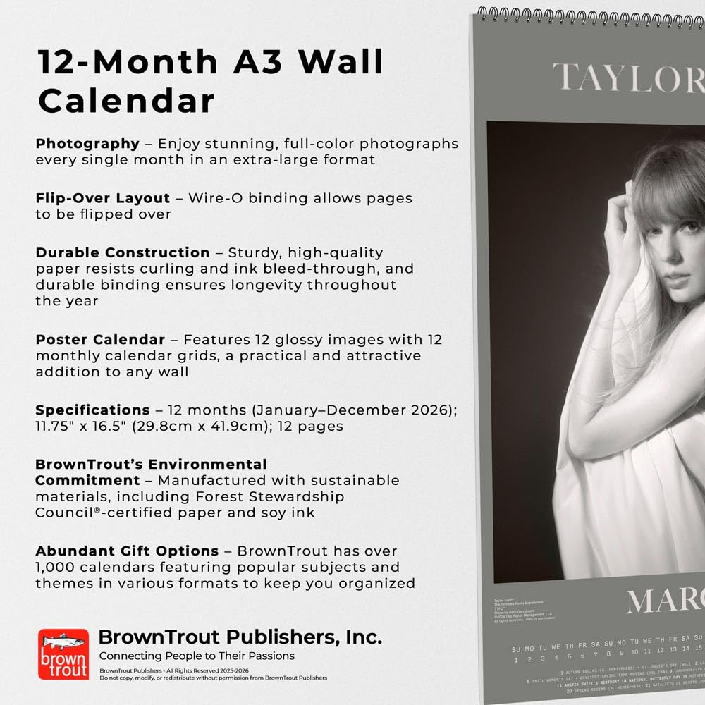 Taylor Swift OFFICIAL | 2026 11.7 x 16.5 Inch (Hanging) Monthly A3 Poster Wall Calendar | BrownTrout | Music Pop Singer Songwriter Celebrity - Medaid International
