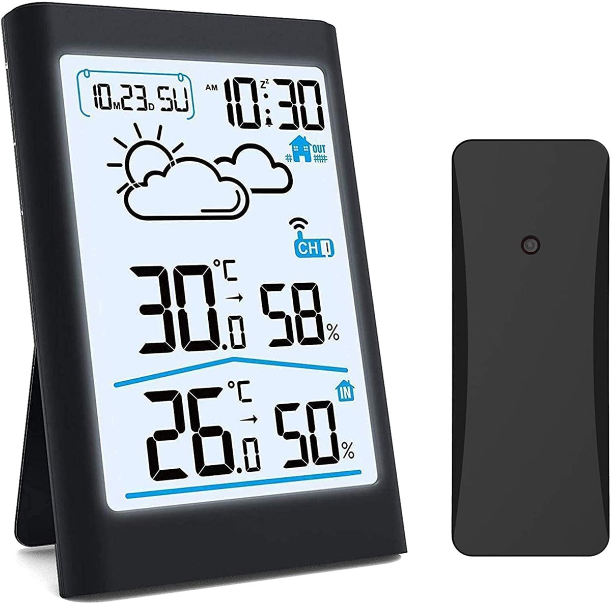KASTWAVE Wireless Indoor Outdoor Thermometer, Wireless Digital Hygrometer, Temperature Gauge with Time and Humidity, Outside Thermometer Gauge for Patio