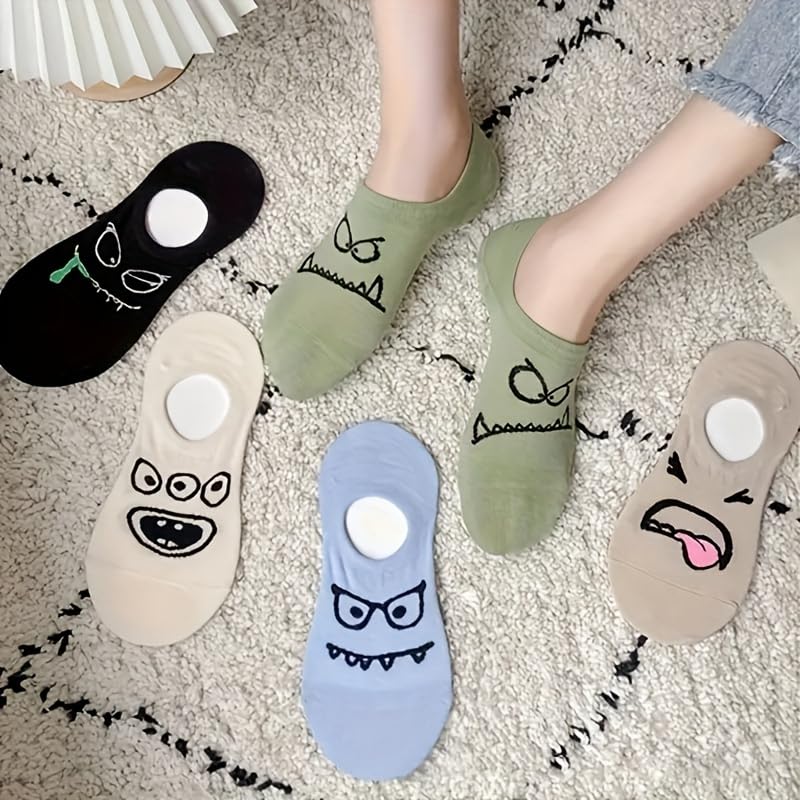 TERRIFI 5 Pairs of Cartoon Print Low Cut Ankle Socks, Funny Breathable Women's Stockings for Everyday Wear