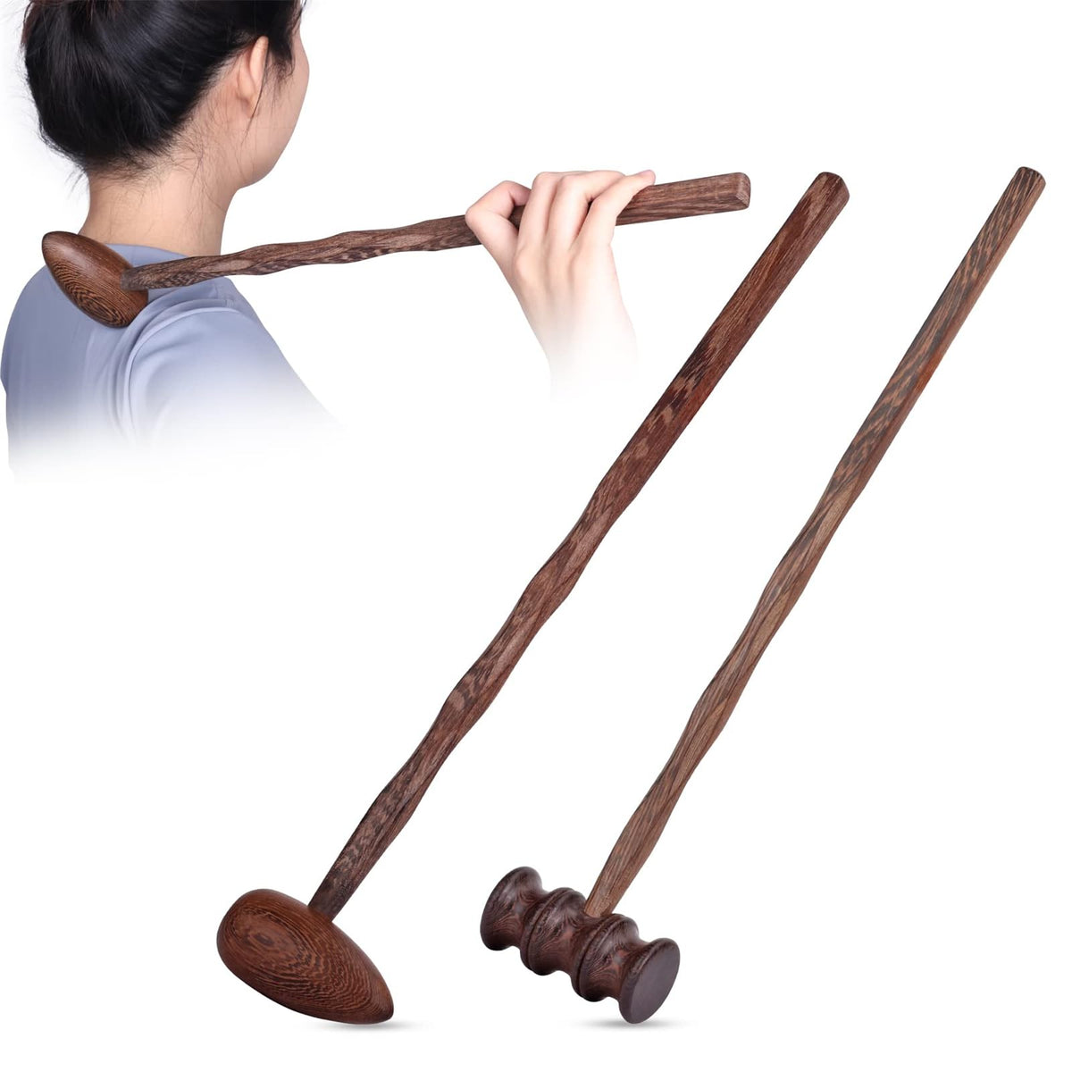 TERRIFI Wood Hammer Self Massage Tools for Back and Neck, Handheld Therapy Stick for Self-Massage, Ideal Gift for Seniors, 2 PCS
