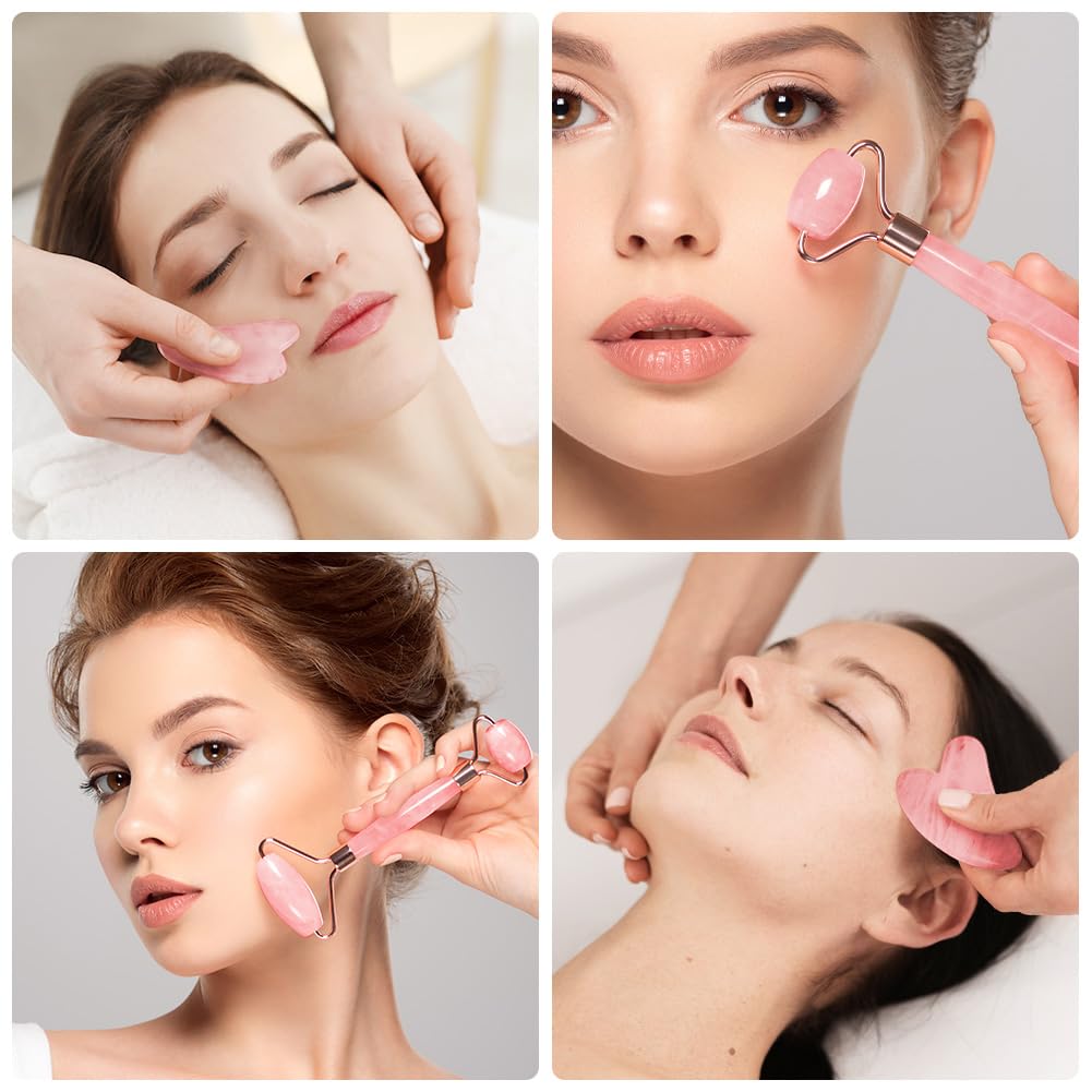 URAQT Gua Sha Facial Tools & Jade Roller Set for Face Guasha Tool for Face Ice Roller for Skin Care Gua Sha Stone Board Set for Reduce Puffiness and Improve Wrinkles Self Care Gifts(Pink) - Medaid International