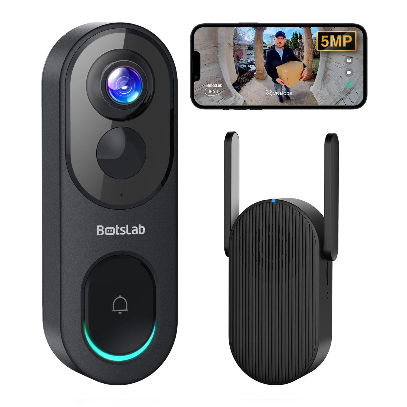Doorbell Camera Wireless, 5MP Video Doorbell with Homebase, 180°Panoramic View, No Monthly Fee, 2.4 GHz WiFi, AI Motion Detection, VR Mode, Battery or Wired Powered(Black) - Medaid International