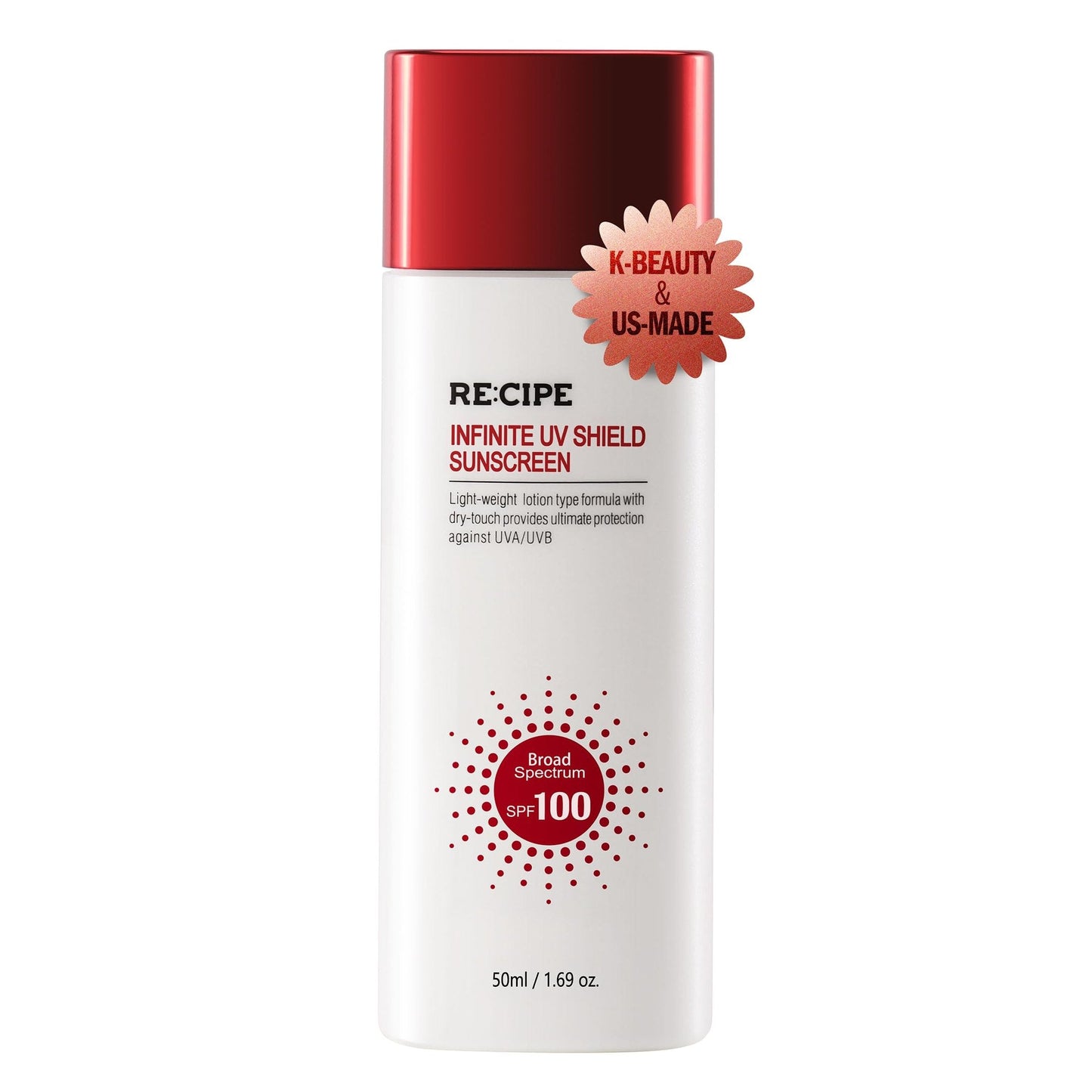 RECIPE Infinite UV Shield Sunscreen, SPF 100 Broad Spectrum, Korean Sunscreen, Korean Skin Care, Korean SPF, Lightweight Dry-Touch Lotion, 1.69 oz - Medaid International