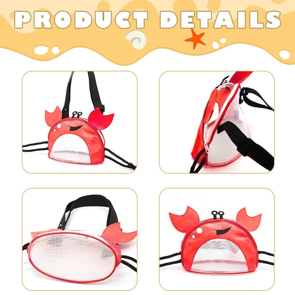 TERRIFI Kids Mesh Beach Bag, Crab & Shark Design, Adjustable Strap, Durable & Portable, Ideal for Beach Toys & Seaside Activities