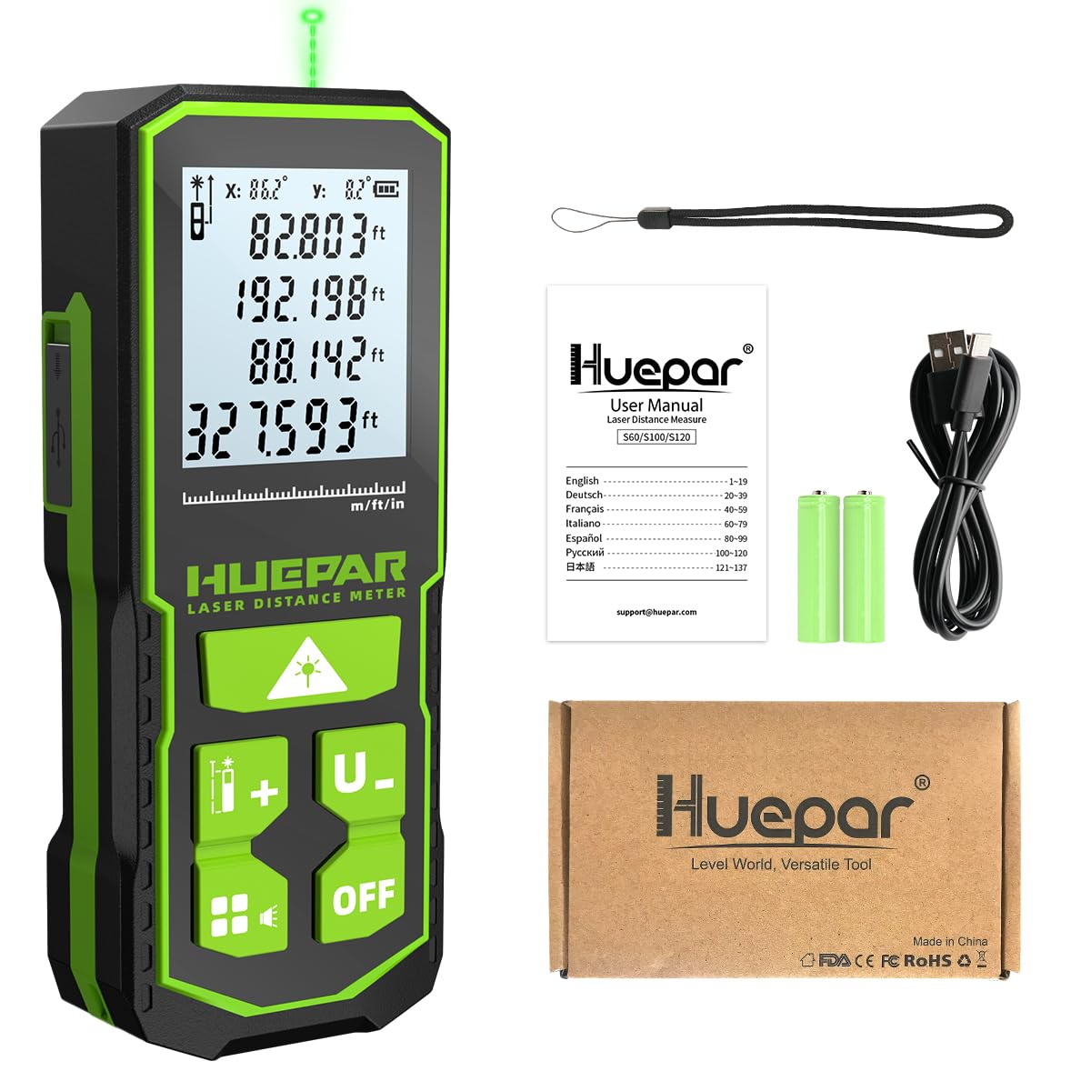 Huepar 330FT Green Laser Measuring Tool with Angle Sensor, ±1/16in (±1.5MM) Accuracy, Rechargeable Digital Laser Room Measuring Device, Laser Distance Measurement, Gifts for Men, Fathers Day Birthday - Medaid International
