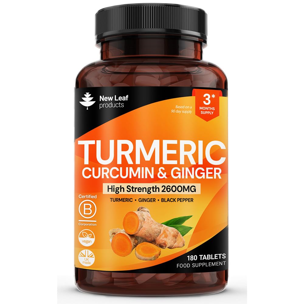 Turmeric Tablets with Black Pepper & Ginger - Curcumin - 180 Turmeric and Black Pepper Tablets (3 Month) High Strength Active Turmeric Supplements Not Capsules, by New Leaf - Medaid International