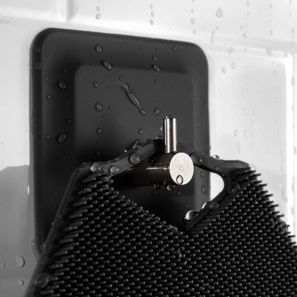 TERRIFI Body Scrubber & Storage Hook Set, Silicone Shower & Bathroom Accessory, Features Silicone-Grip Technology, Removable & Reusable Gentle Exfoliator Pad & Massager (Black)