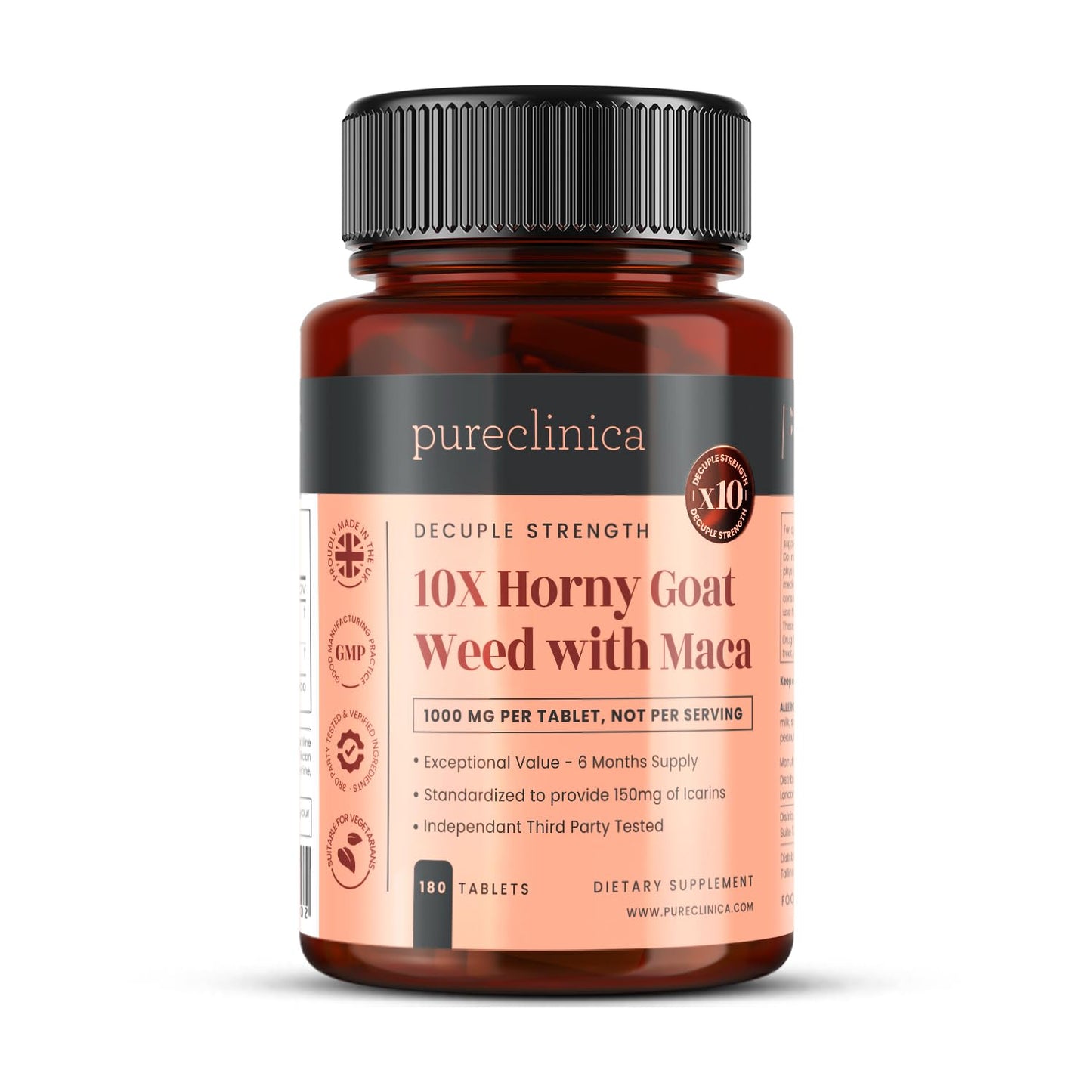 pureclinica 10X Horny Goat Weed & Maca Extract 6250mg x 180 Tablets (6 Months Supply) -10 X More Icariins - w/5mg Black Pepper Extract for 300% Increased Absorption - Medaid International