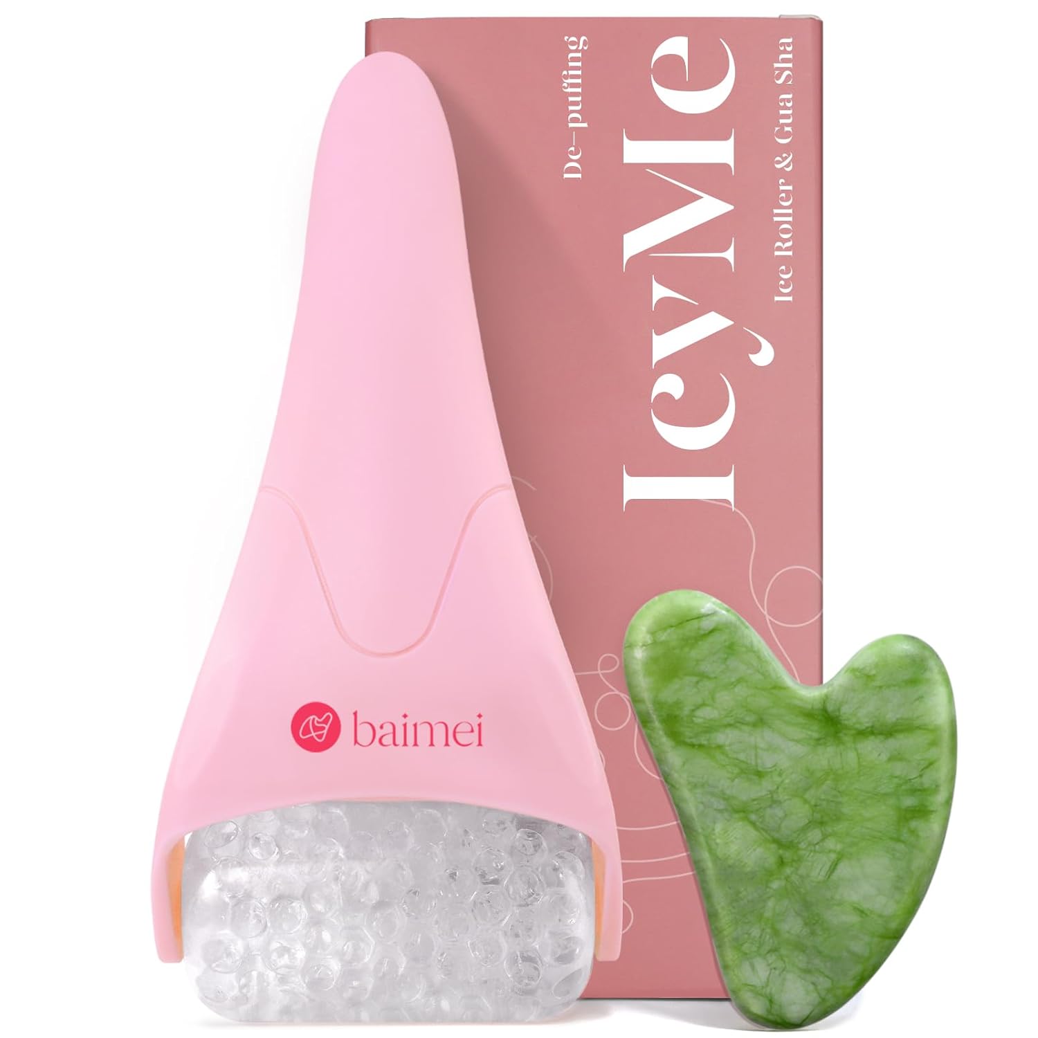 BAIMEI IcyMe Ice Roller for Face and Gua Sha Facial Tool Set, Ice Face Roller Reduces Puffiness Relieves Migraines Skin Care Tools, Self Care Gift for Women - Pink - Medaid International