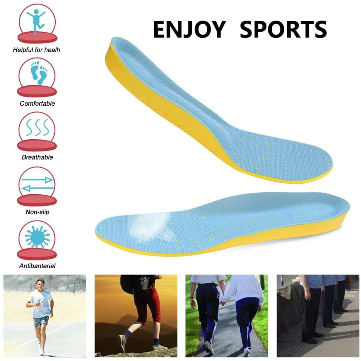 Memory Foam Insoles, PU Sport Insoles, Comfortable Breathable, Shock Absorption Arch Support Insoles