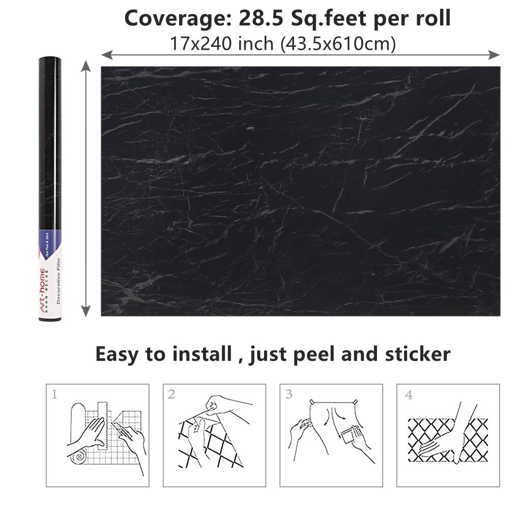 Arthome WALL DECOR Marble Contact Paper,Peel and Stick Wallpaper, Self Adhesive Easy to Clean, Vinyl Film for Furniture Countertop Wall Covering(Black Marble 17x240) - Medaid International
