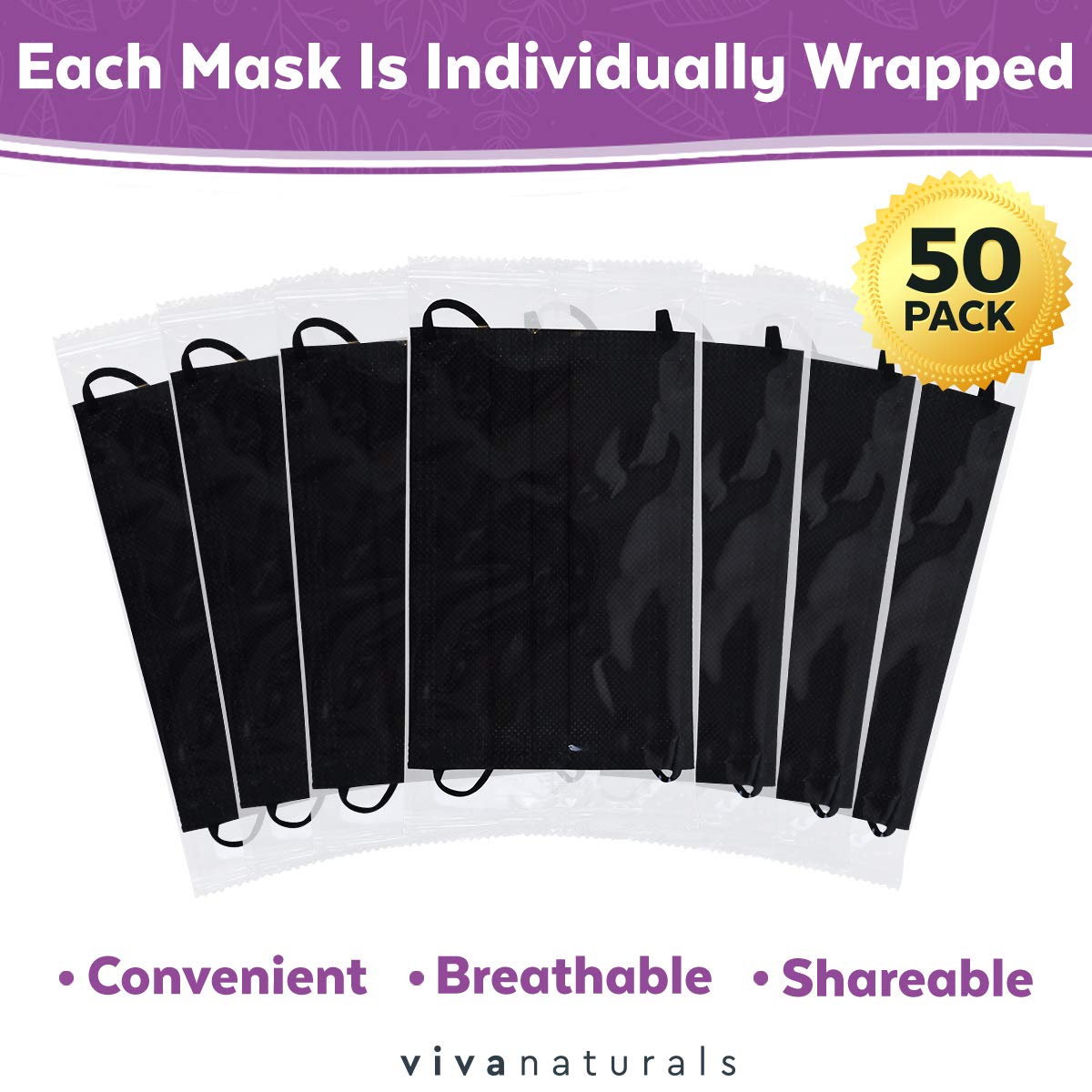 Non-Medical Adult Face Mask (50 Individually Wrapped Masks) - 4-Ply Non-Medical Black Disposable Face Masks, Premium Design With Comfortable Earloops & Adjustable Metal Nose Strip - Medaid International