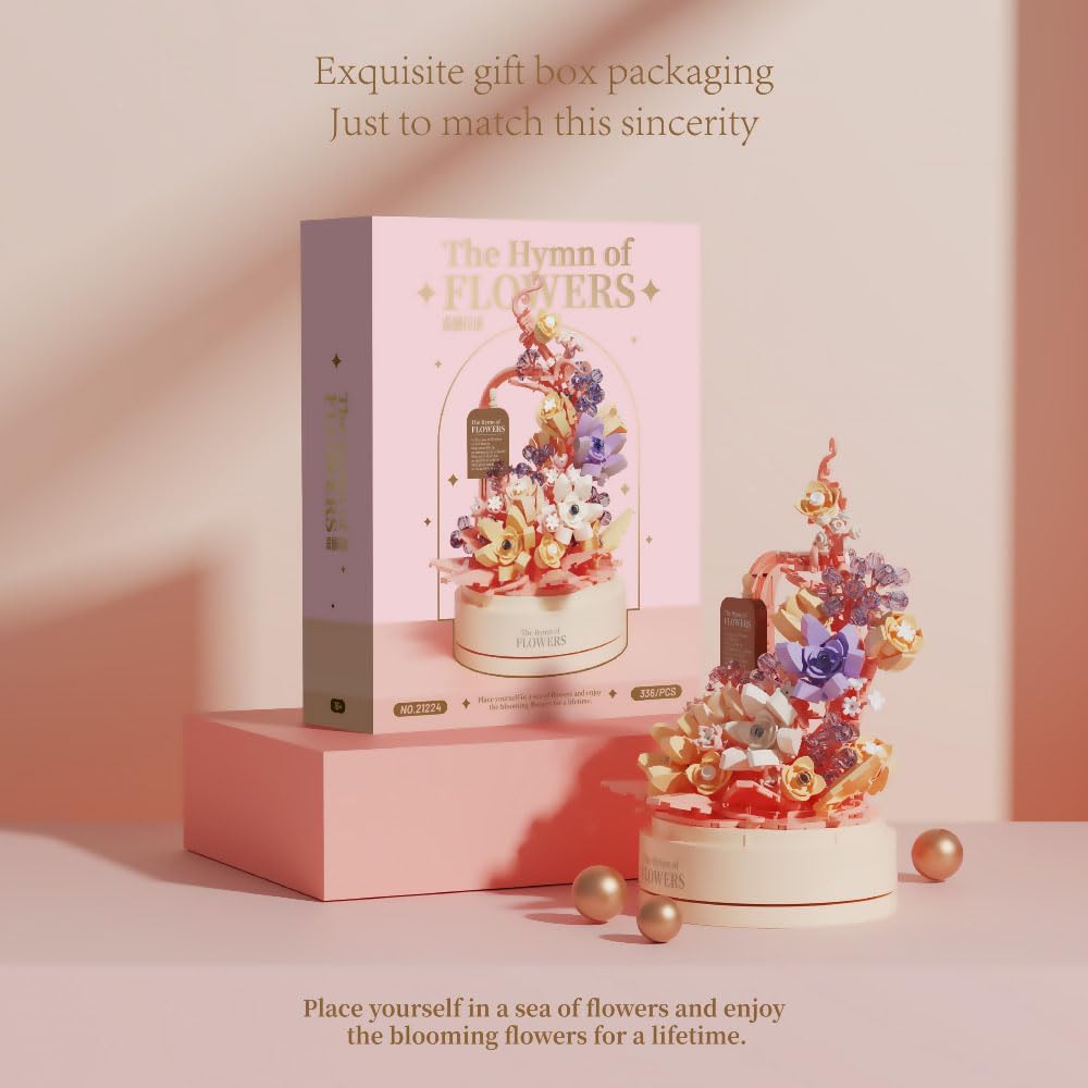 KASTWAVE Flower Building Set with Music Box Base & LED, Ideal Floral Building Block Toy Gift for Girls 8+, Floral Building Toy Office Home Decor, Mini Brick 560 PCS