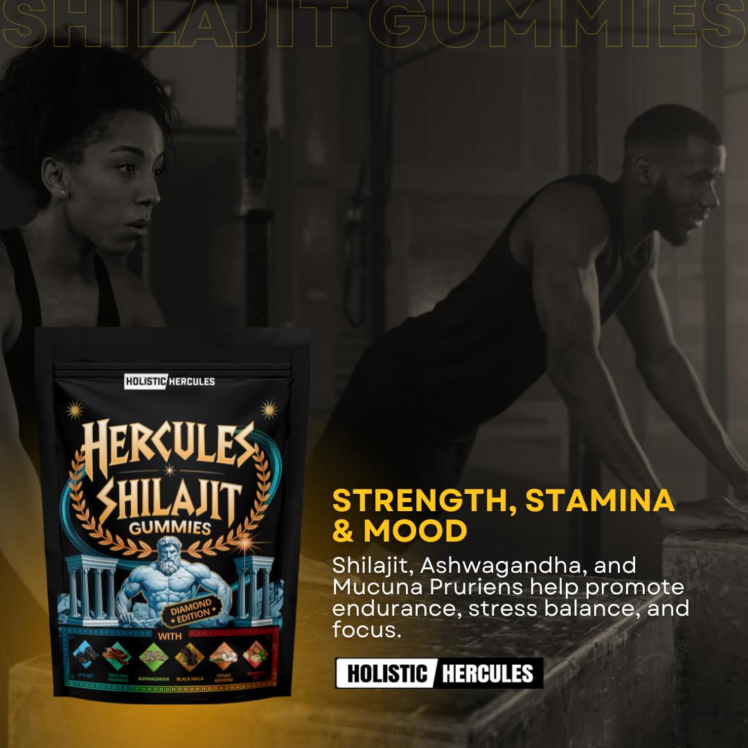 Holistic Hercules Himalayan Gold Shilajit Gummies with Ashwagandha Black Maca Tongkat Ali Panax Ginseng Mucuna | 100% Natural Organic | Vegan Non-GMO Sugar-Free (30) - Medaid International