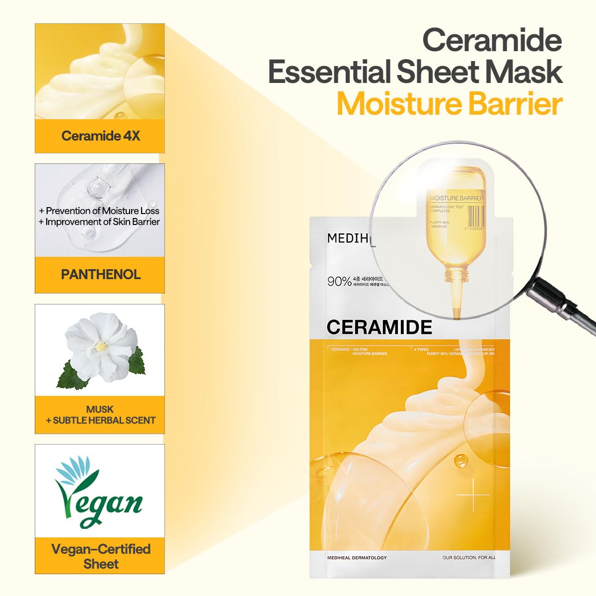 Mediheal Ceramide Essential Sheet Mask Moisture Barrier 10 pcs. 90% Ceramide & 4X Ceramide Liposome Technology for intense hydration and strengthening the barrier. Vegan formula - Medaid International