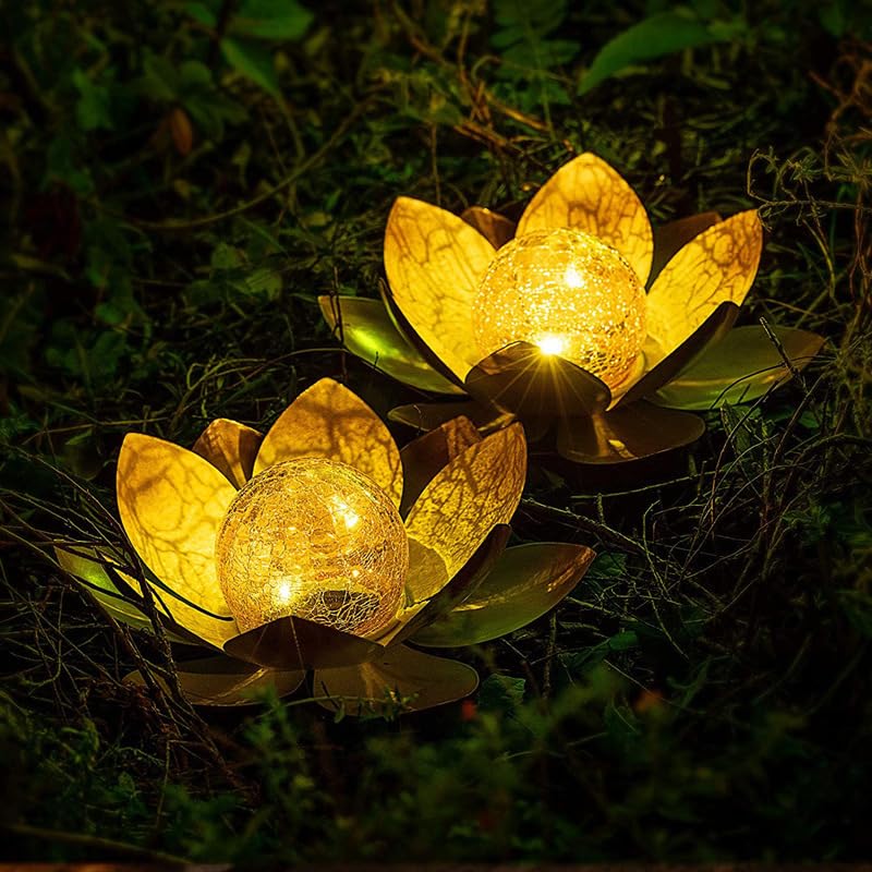 Luz - Solar Lotus Light, Waterproof Metal Garden Lantern, Cracked Crystal Ball