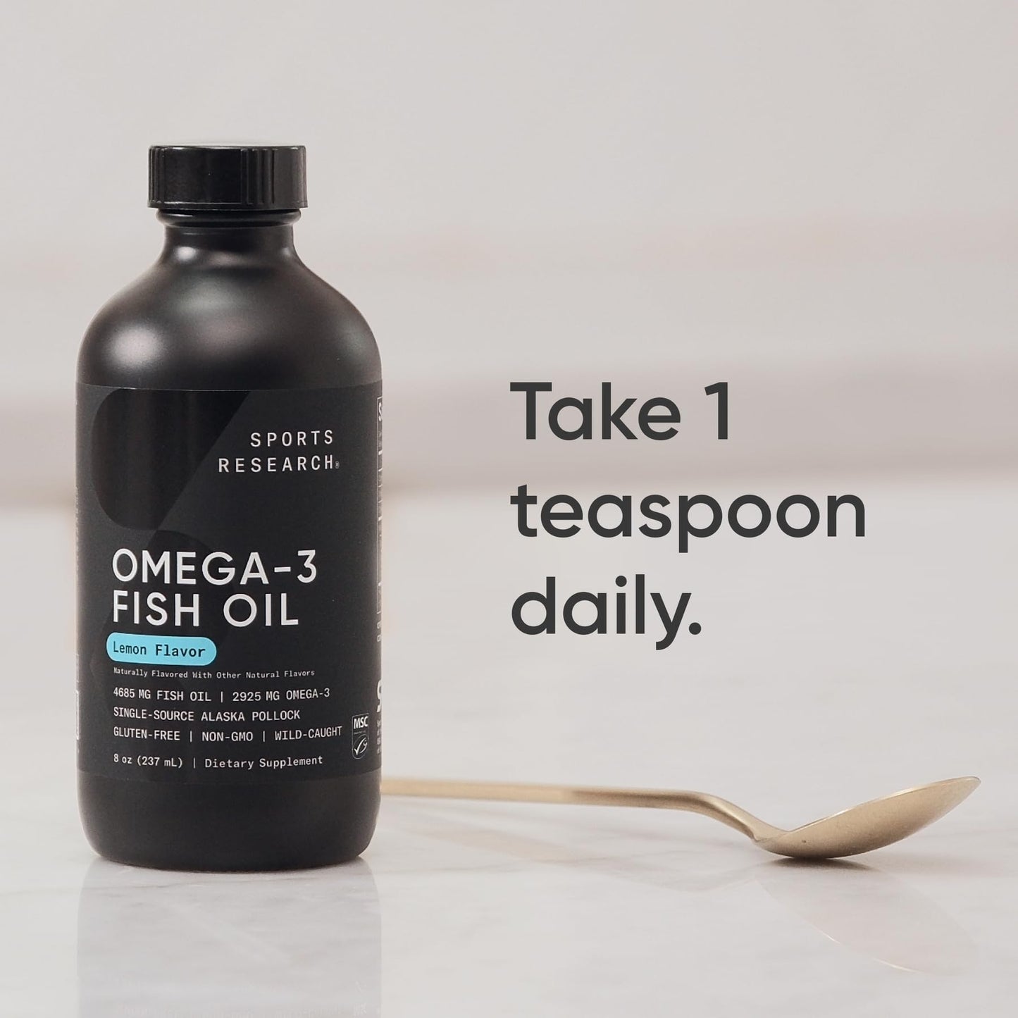 Sports Research Omega-3 Fish Oil, Lemon Flavor - 8 oz - 4685 mg of Wild Caught Alaska Pollock Fish Oil per Teaspoon - Easy-to-Take Liquid for Cardiovascular Support*- 48 Servings - Medaid International
