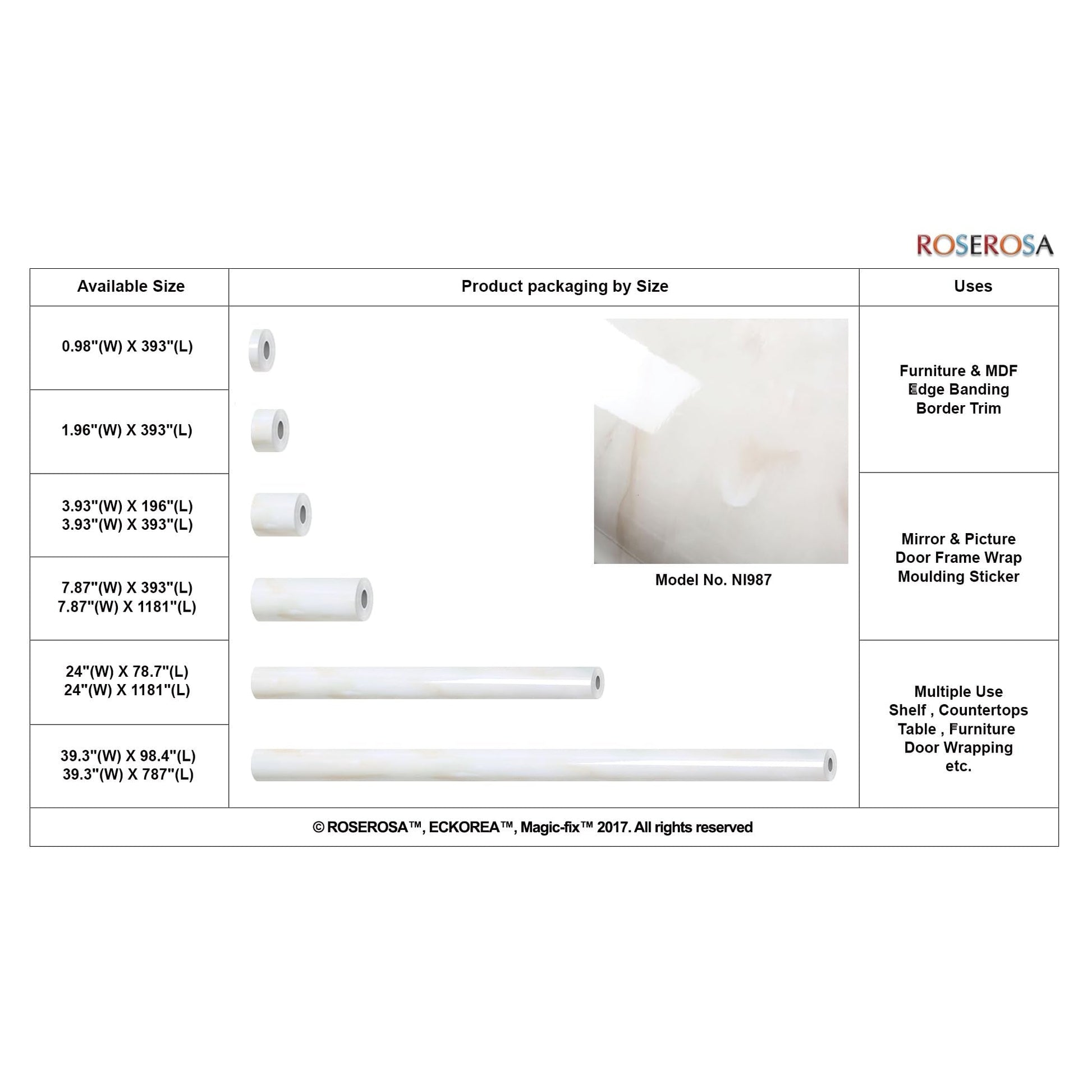 ROSEROSA Peel and Stick Glossy Faux Marble Self-Adhesive Wallpaper Door Wrap Countertop Moulding Trim NI987 - Medaid International
