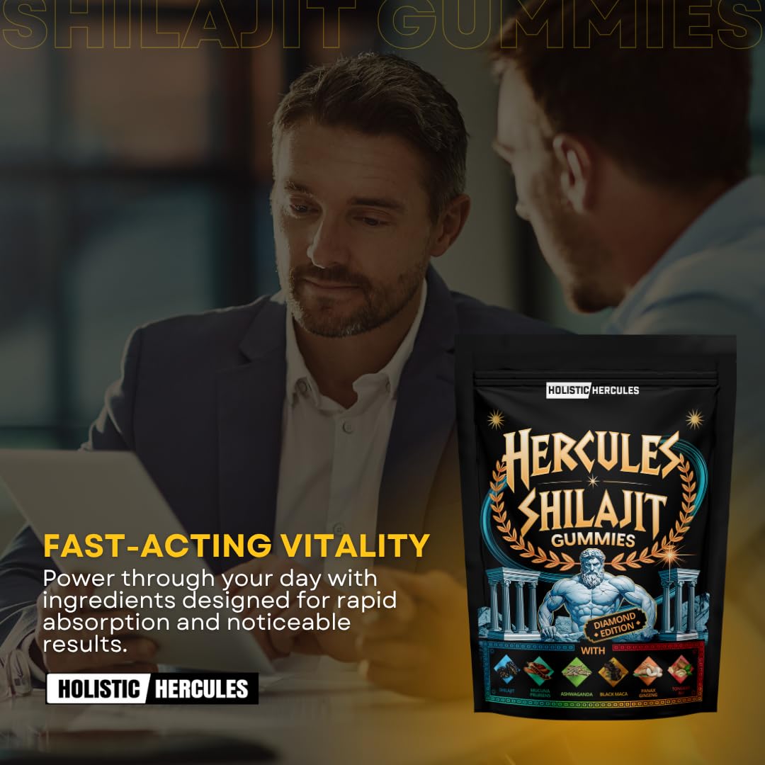 Holistic Hercules Himalayan Gold Shilajit Gummies with Ashwagandha Black Maca Tongkat Ali Panax Ginseng Mucuna | 100% Natural Organic | Vegan Non-GMO Sugar-Free (30) - Medaid International