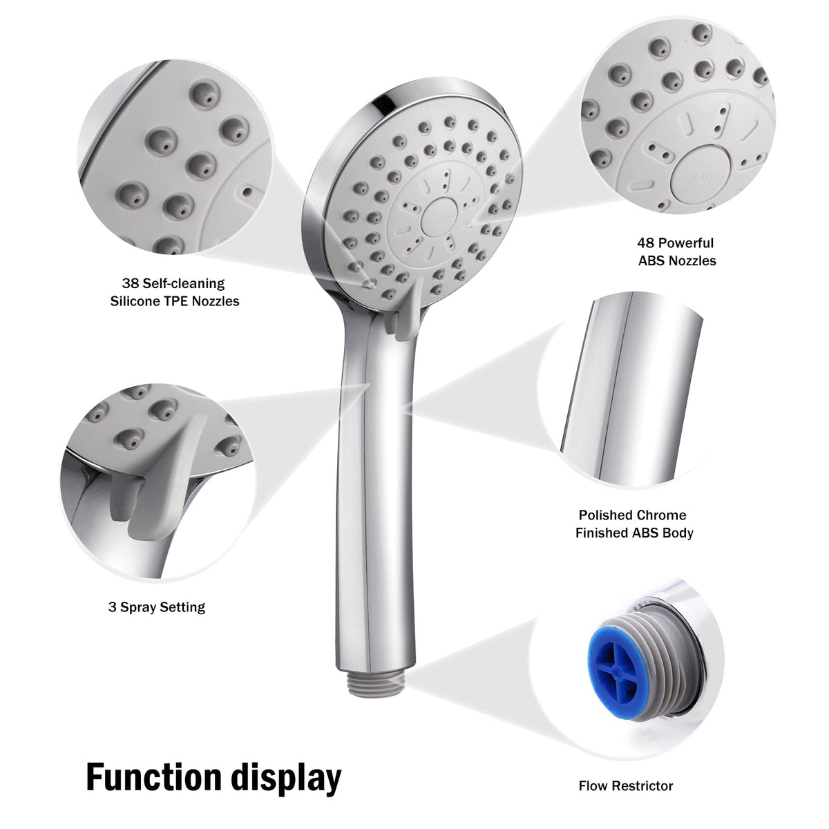 JOMOO Handheld Shower Head Set, High Pressure 3 Spray Settings Showerhead, 3.5" 2GPM Easy Cleaning Nozzles Massage Spa with 60inch Stainless Steel Shower Hose and Holder, Chrome