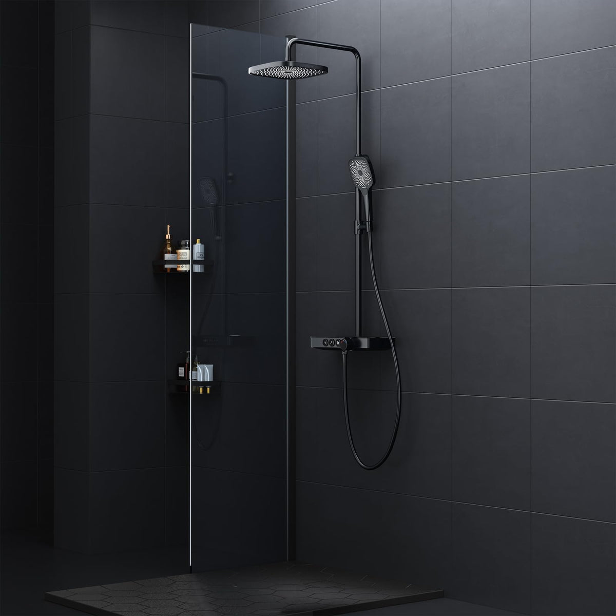 Rainsworth Shower System With Thermostat and Glass Shelf - Black Complete Set With Rain Shower 26 x 26 cm, Hand Shower 3 Jet Types and Lower Spout - Fitting With Tap