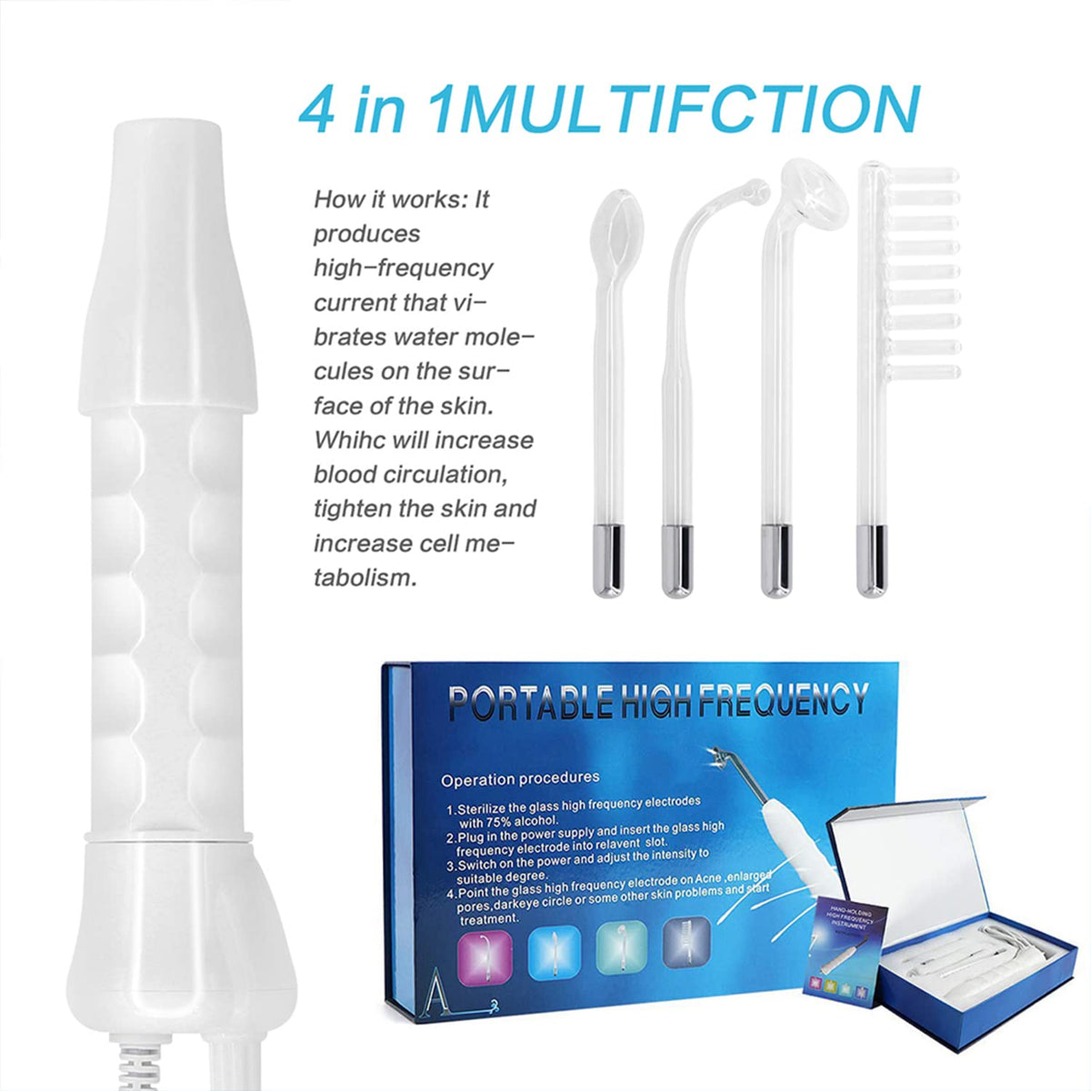 Beauenty Handheld Red Light Electrotherapy High Frequency Facial Machine, 4 in 1 High Frequency Facial Machine, Portable Skin Therapy Machine with 4 Glass Tubes - Handheld High Frequency Wand (Red)