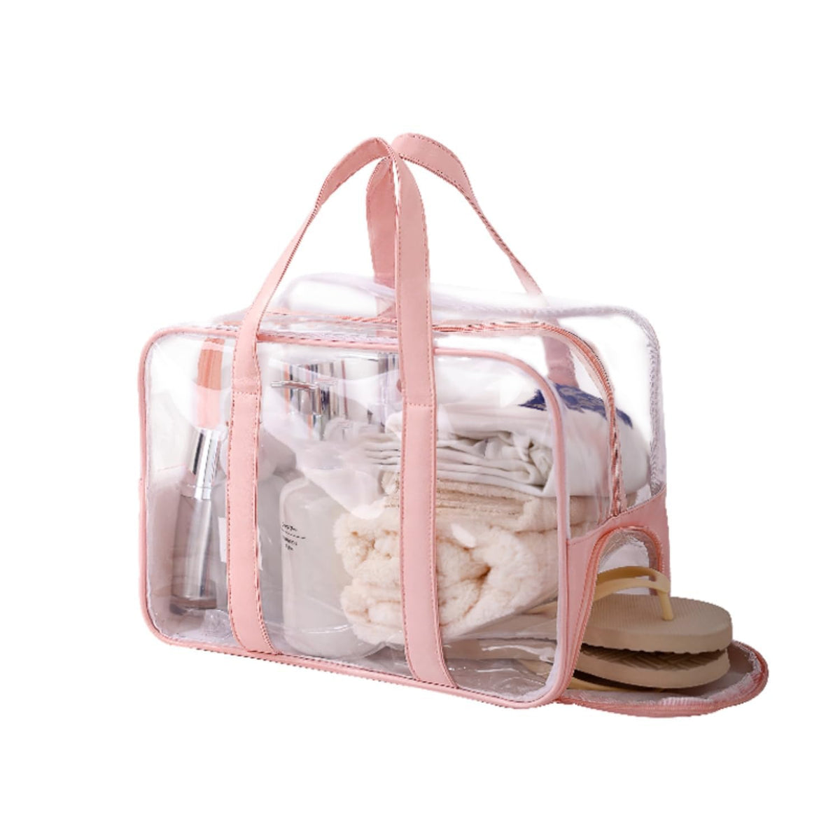 TERRIFI Large Clear Toiletry Bag for Women, Waterproof PVC Beach, Swim, and Gym Bag, Transparent Travel Makeup Cosmetic Organizer Tote, Clear Travel Accessories Bag (Pink)