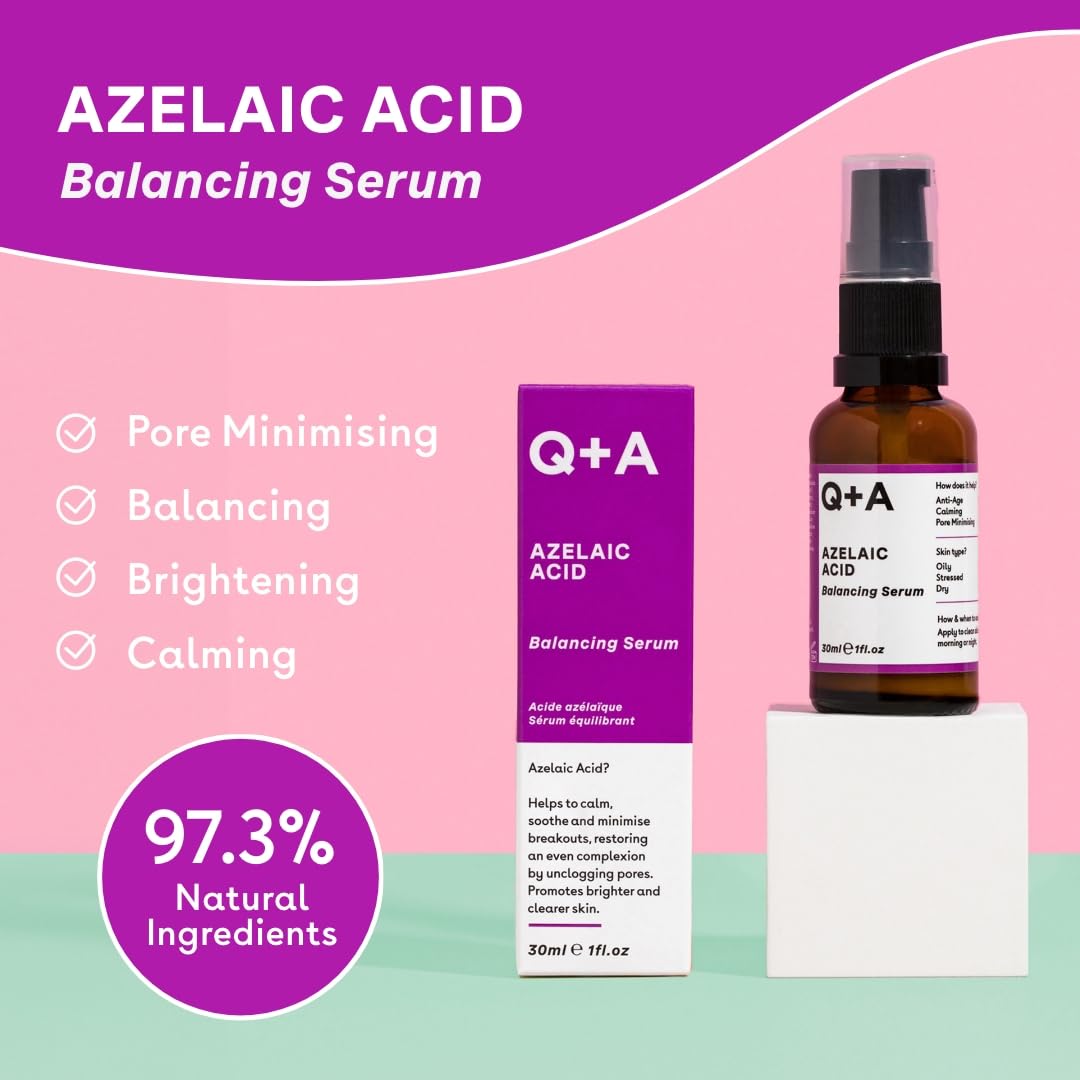Q+A Azelaic Acid Balancing Serum (30ml), Natural Face Serum with Zinc PCA and Antioxidant Super Grains, Fragrance Free Skincare, Calms Blemishes and Smoothes Skin - Medaid International