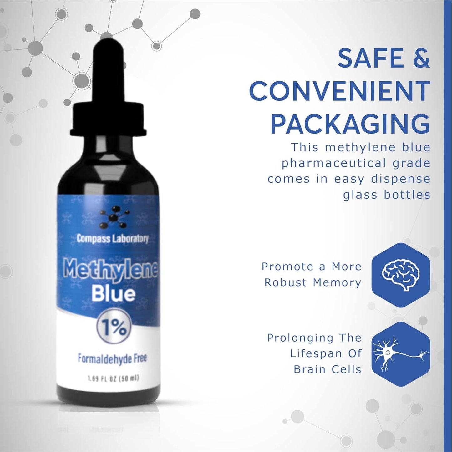 COMPASS LABORATORY Methylene Blue Pharmaceutical Grade, USP Grade, Third-Party Tested Dietary Supplement for Humans, No Formaldehyde, Made in USA (1% 50ml Bottle) - Medaid International