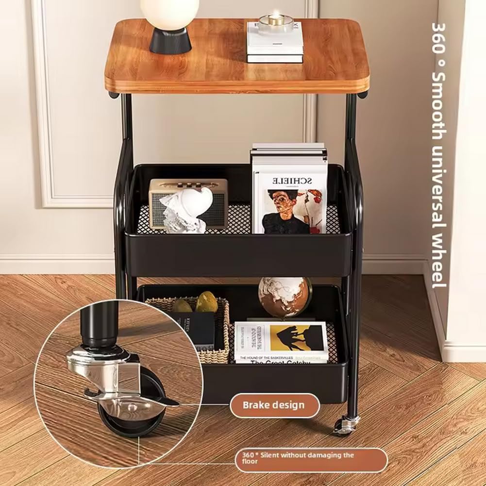 3-Tier Rolling Side Table with Wooden Top