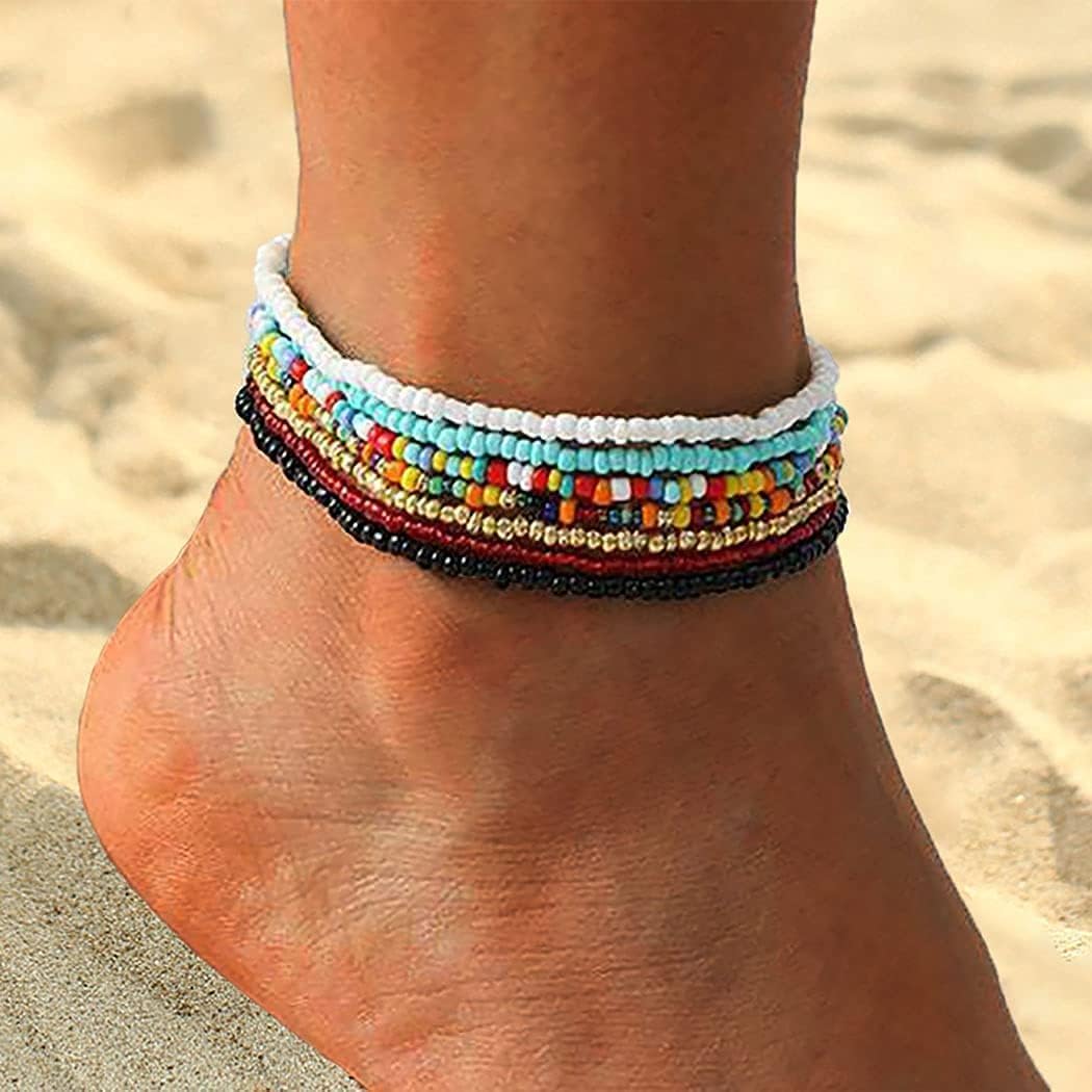 TERRIFI Multilayered Women Anklets, Beaded Elastic Foot Hand Chain Jewelry, Boho Colorful Ankle Bracelet Set (7Pcs)