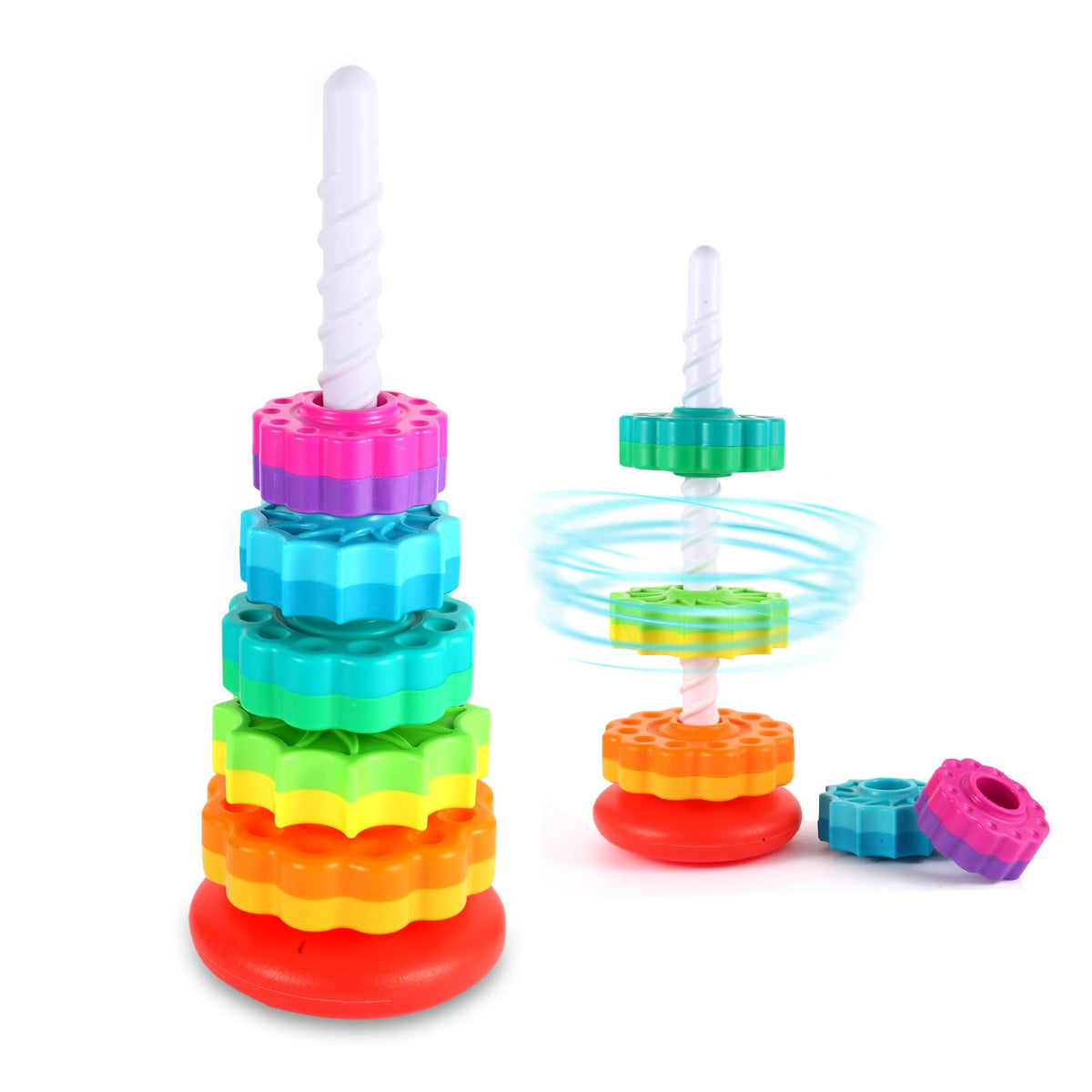 Spinning Stacking Toys - Rainbow Tower, Kids Stackable Spinning Toy, Educational Toy for Toddlers 1-3, Strong ABS Plastic, Color & Shape Recognition, Builds Sensory & Motor Skills