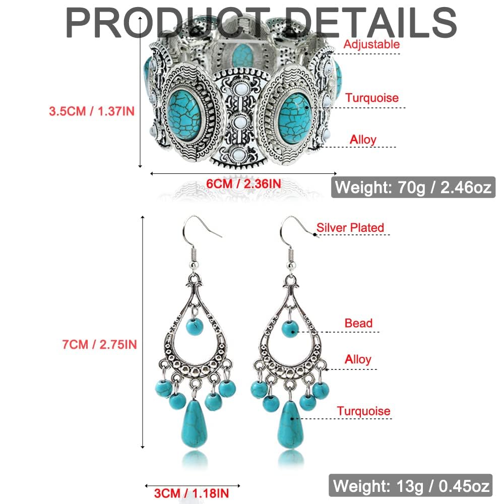 TERRIFI 3-Piece Bohemian Set: Turquoise Pendant Necklace, Vintage Dangle Earrings, Stretchable Bracelet