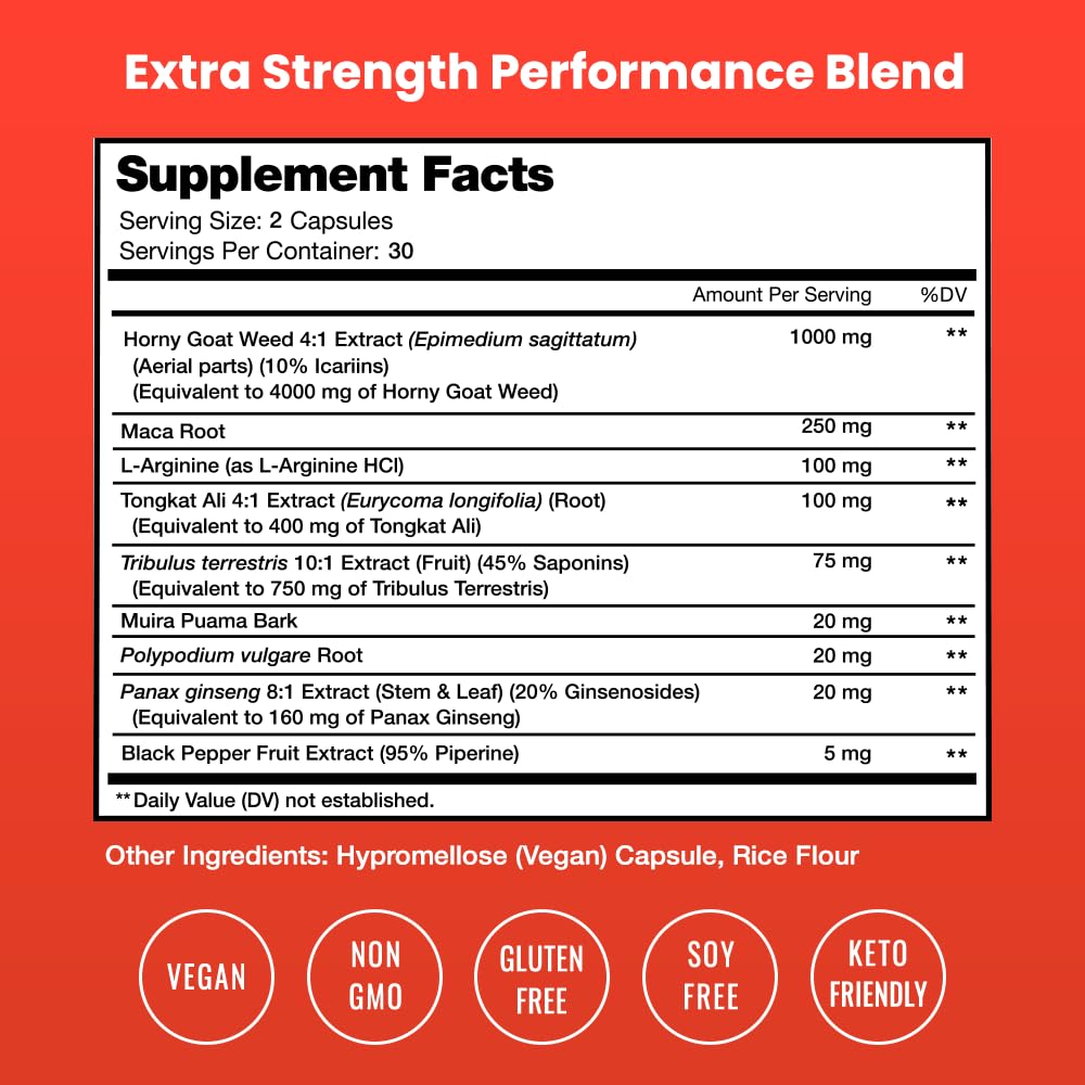 NutraChamps Horny Goat Weed, 1000mg Epimedium Energy Supplement, 10X Strength Icariin, Ginseng, Tribulus & Maca Pills for Women & Men, Enhanced Absorption with Black Pepper, 60 Vegan Capsules - Medaid International