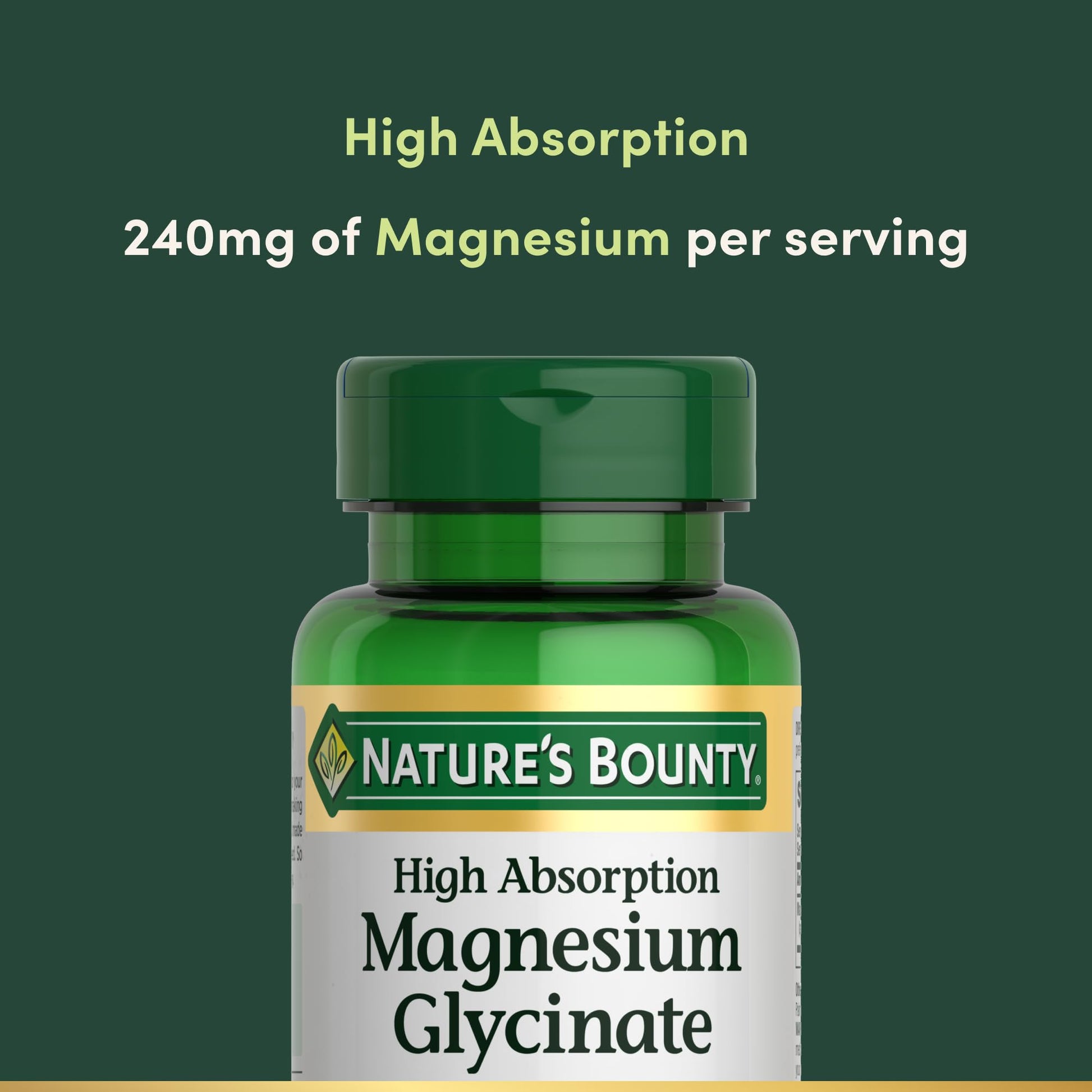 Nature’s Bounty High Absorption Magnesium Glycinate 240 mg for Supporting Muscle Relaxation and Bone, Heart & Nerve Health – Non-GMO, Gluten-Free, Vegetarian, 120 Count/60 Servings - Medaid International